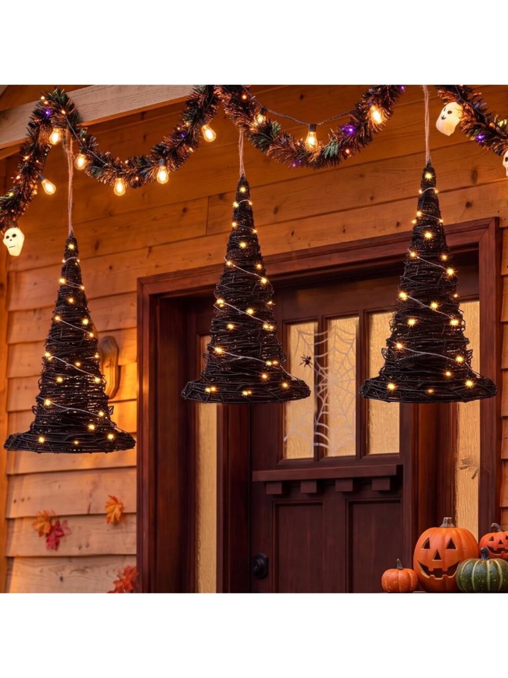 3 Pack Halloween Witch Hat Decor with LED Lights | Rustic Woven Ornaments for